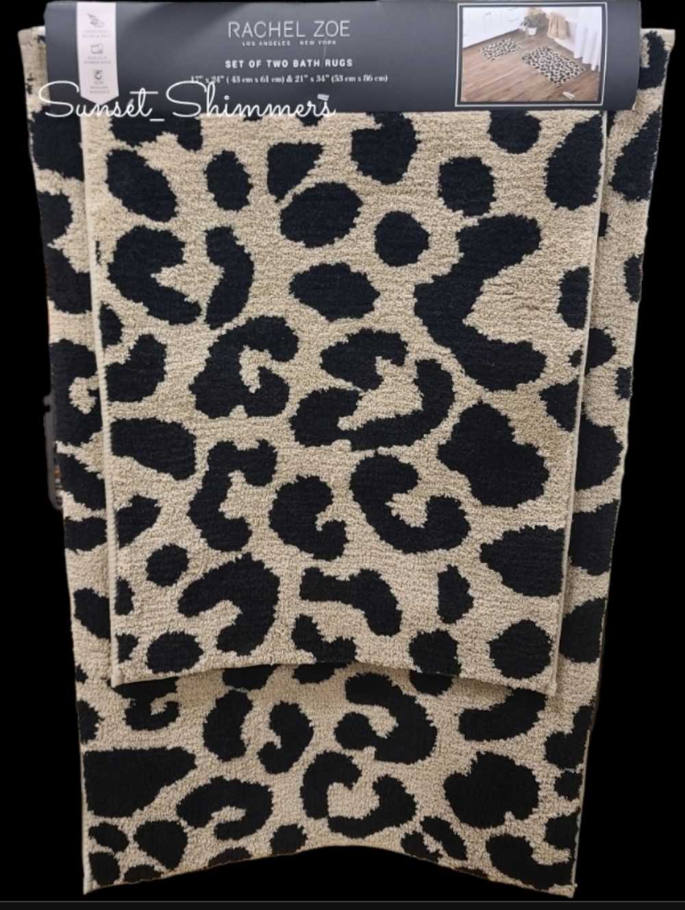 2pc Rachel Zoe Leopard Cheetah Animal Print Bath Rug / Mat Set Black Tan NEW